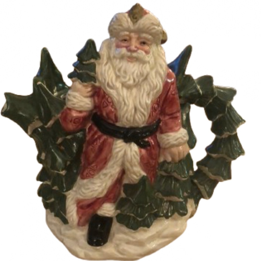 SANTA WITH BEAR IN FOREST •TEAPOT NO COVER • HAND PAINTED •35 OZ